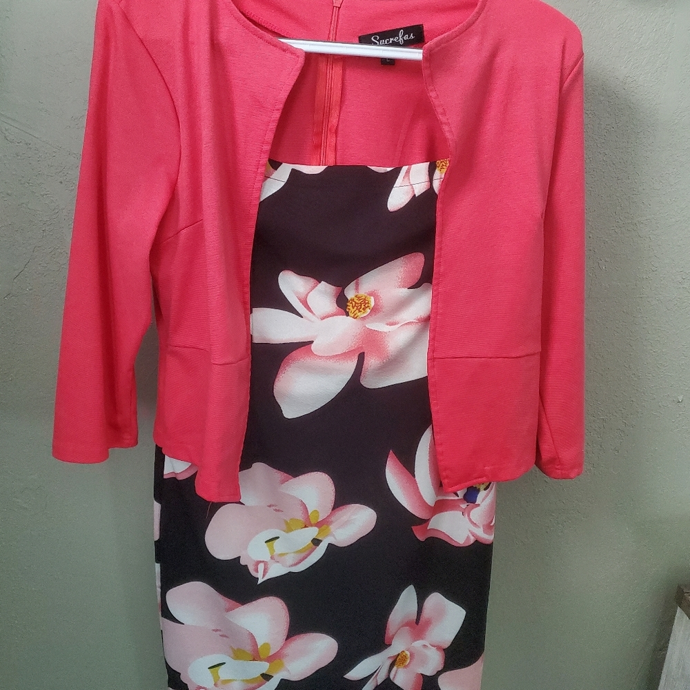 Black & Coral Knee Length Dress with Jacket. Large
